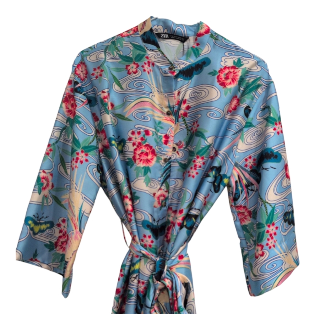 NWT Zara Women's Printed Kimono Blue Shirt Dress With Belt Medium - Picture 5 of 7